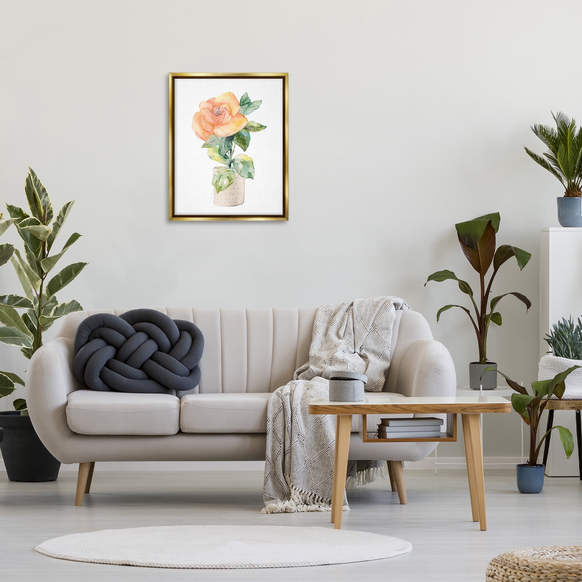 Stupell Industries Rose Sprig in Planter Botanical & Floral Painting Gold Floater Framed Canvas Art Print Wall Art, 25 x 31