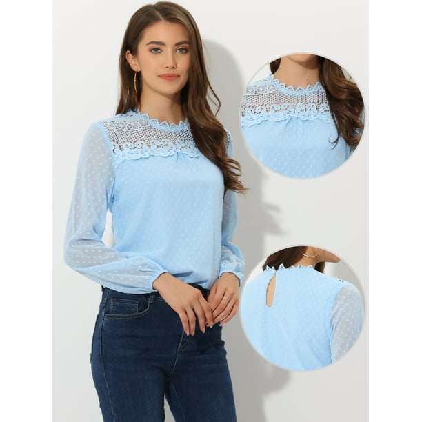 Blusas de ganchillo de encaje para mujer Cuello redondo Casual Gasa Puntos suizos Top Azul Claro XS Allegra K Blusa Bodega Aurrera en linea
