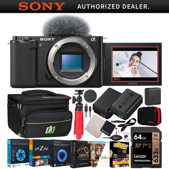 Sony ZV-E10 Mirrorless Alpha APS-C Interchangeable Lens Vlog Camera (Body, Black) ILCZV-E10/B Bundle w/ Deco Gear Photography Case   Extra Battery   Photo Video Kit | Official Sony USA Partner