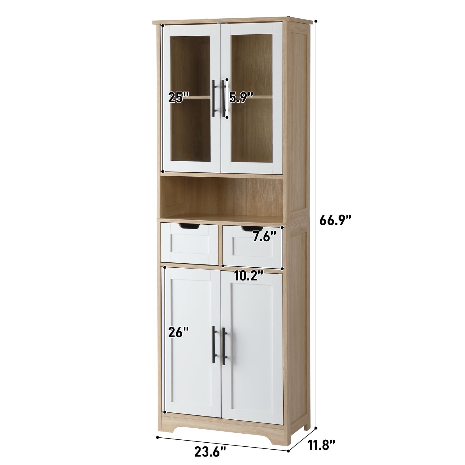 4 Cabinet Doors 2 Drawers 1 Storage Compartment Sideboard, MDF Melamine-Coated Storage Cabinet 23.62*11.81*66.93in White Matte Finish Door Panel + Light Oak-Colored Cabinet