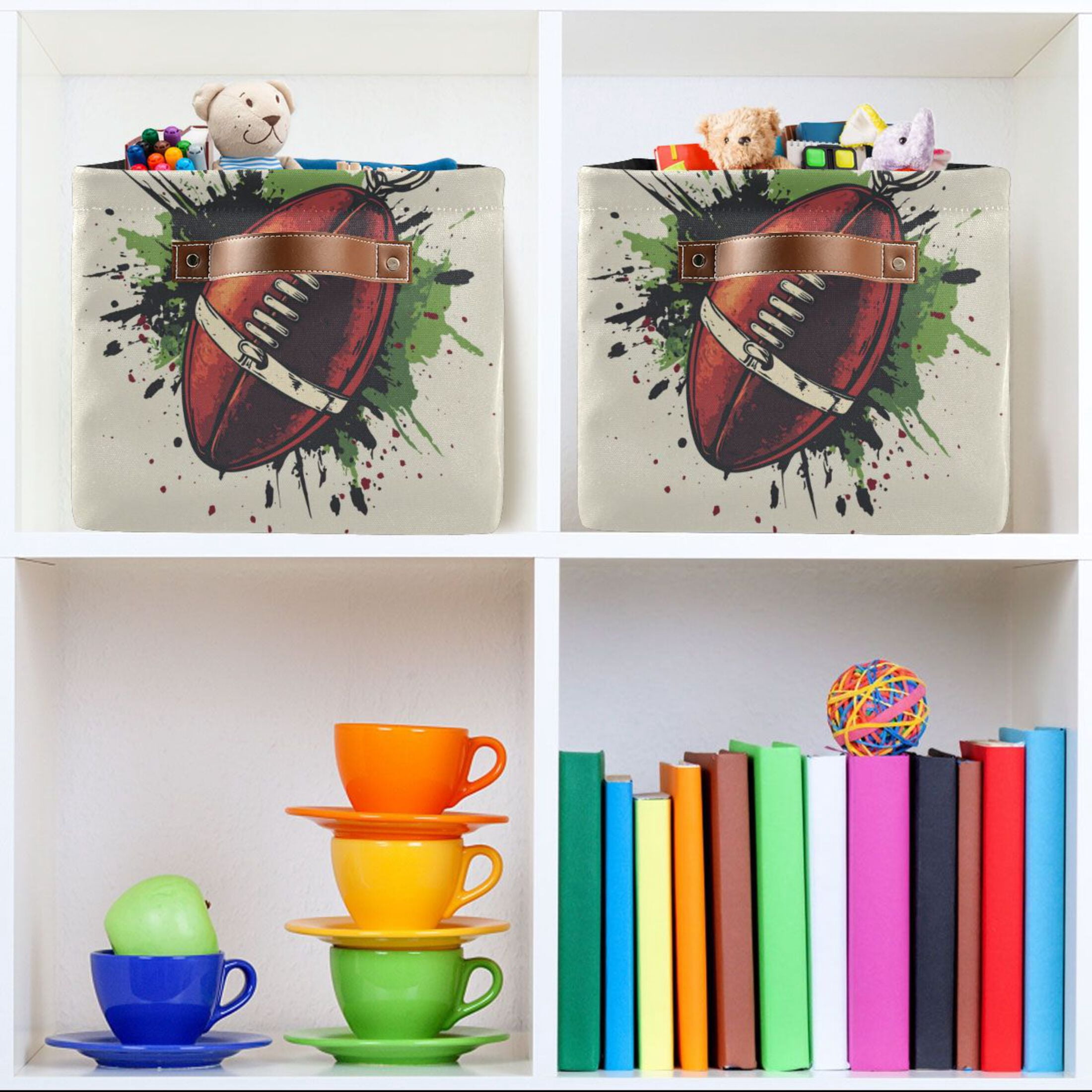 American Football-shaped Foldable Storage Basket,Canvas Fabric Foldable Storage Bins with Handles Open Home Storage Bins Boxes for Toy Book Shelf Closet Baskets
