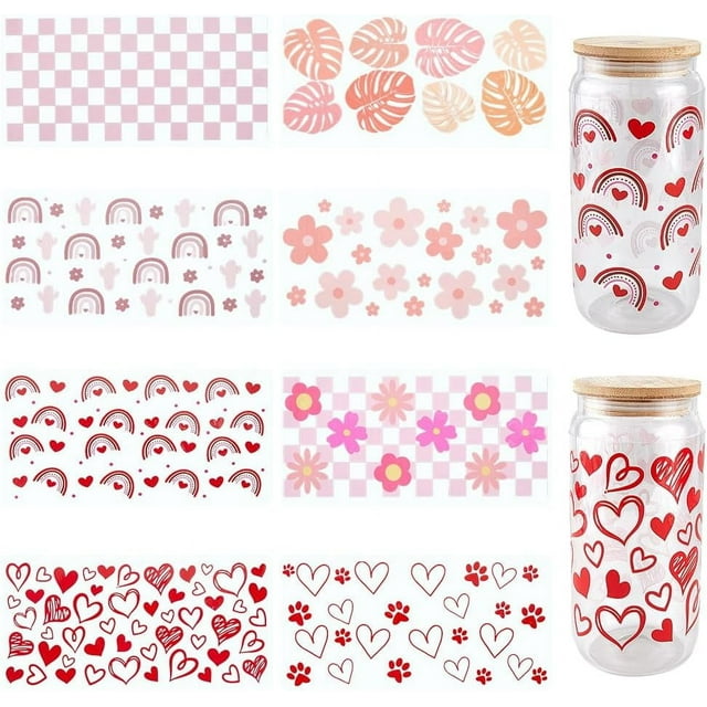 8 pegatinas para vasos de cristal, 8 estilos, rosas, UV, DTF, transparentes, de plástico, con forma de corazón, flor, floral, cuadradas, con huella de cactus arcoíris, impermeables.