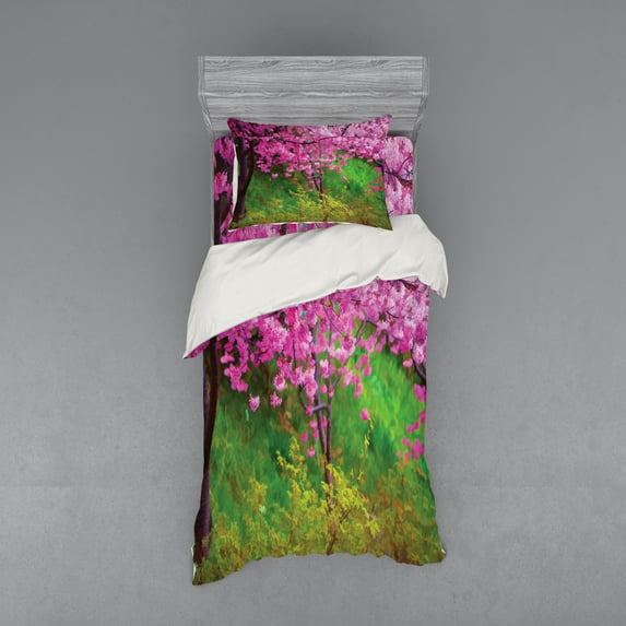 Japanese Duvet Cover Set, Sakura Flowers Trees in Spring Garden Landscape Floral Pink Blossom Pattern, Bedding Set with Shams and Fitted Sheet, 3 Sizes, by Ambesonne