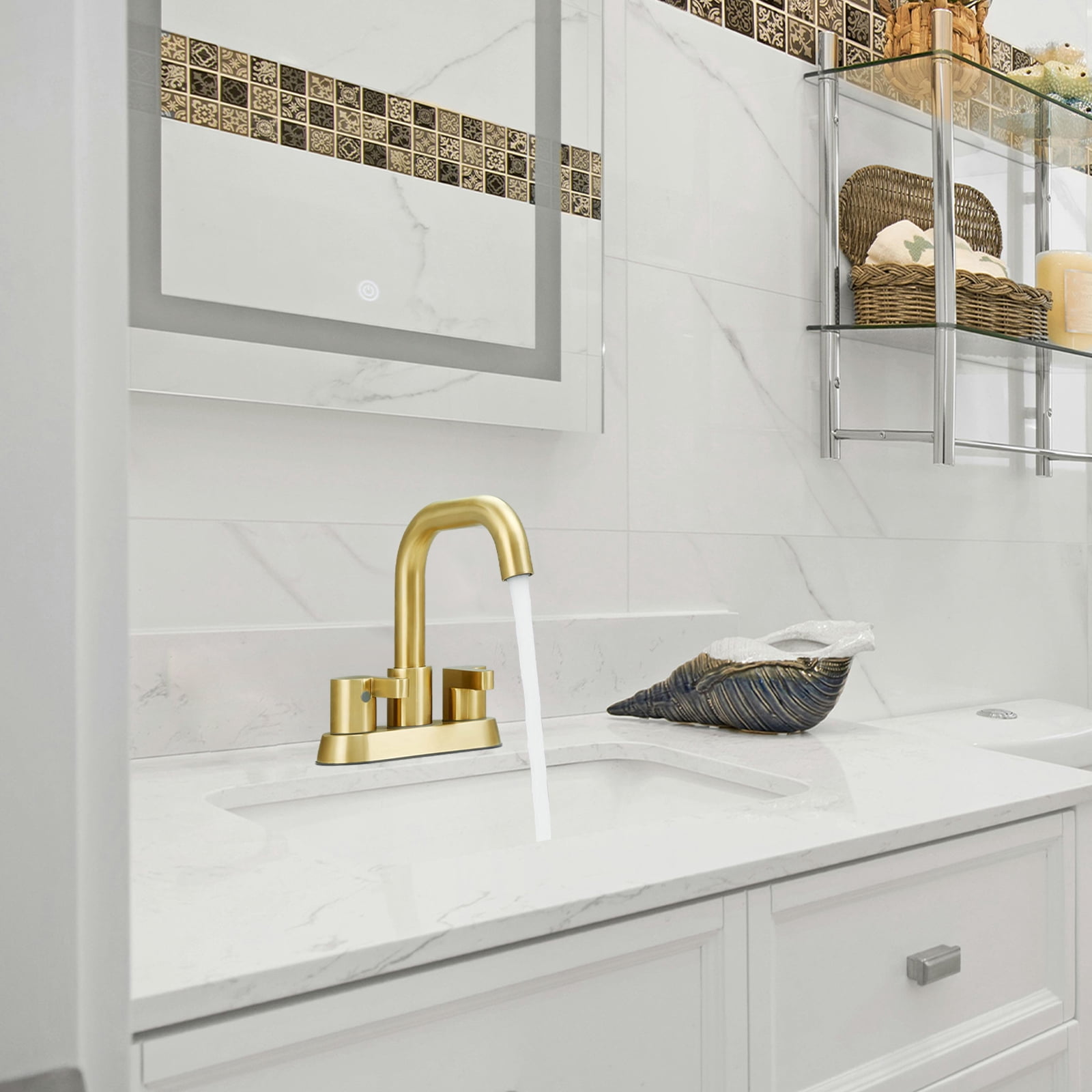 Cobbe Brushed Gold 4 Inch Centerset Bathroom Faucet, Bathroom Vanity Lavatory Faucets for Sink 3 Hole 2 Handle, Swivel Spout with Brass Drain Assembly