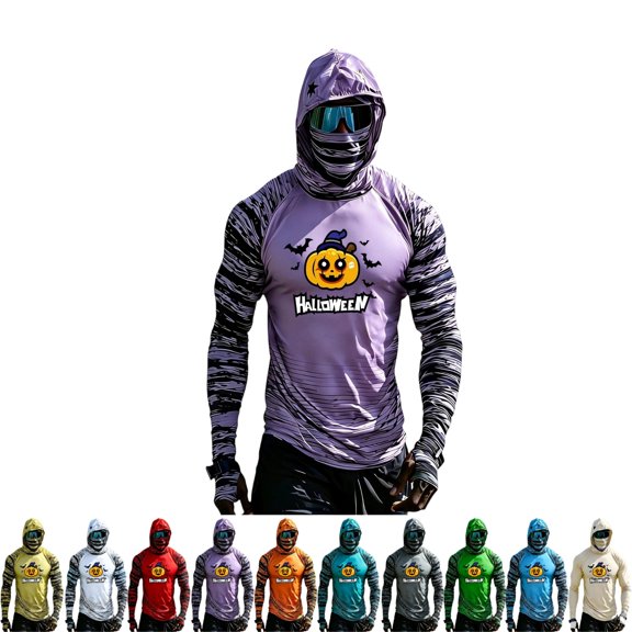 GrmtClth Halloween Sun Protection Shirt Mens Striped Halloween Print Hooded Sun Protection Long Sleeve Travel Outerwear Purple S