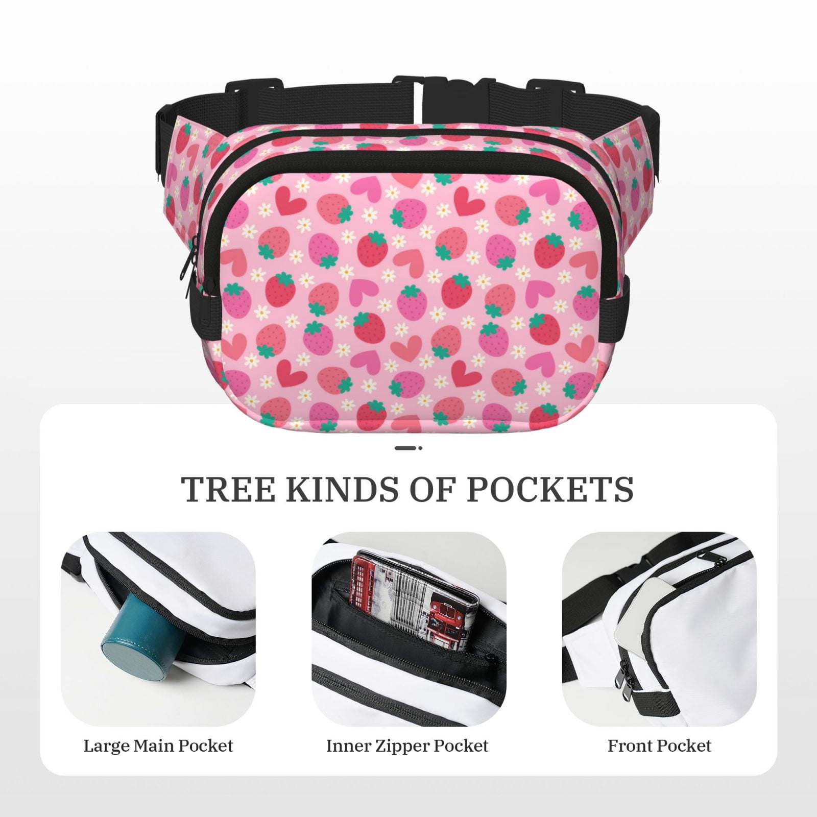 Picia Haear Strawberry Print Square Double-Layer Waist Bag Mini Adjustable Waist Belt Bag Exercise Running Travel Hiking