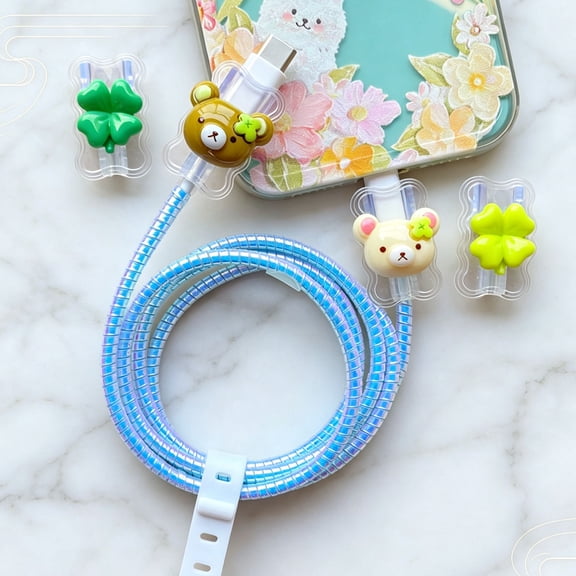 Tianyeda Cable Protector for iPhone iPad Charger Cord Protector Phone Accessory 4pcs Bear Pattern with 1 Silicone Spiral Protection Ropes