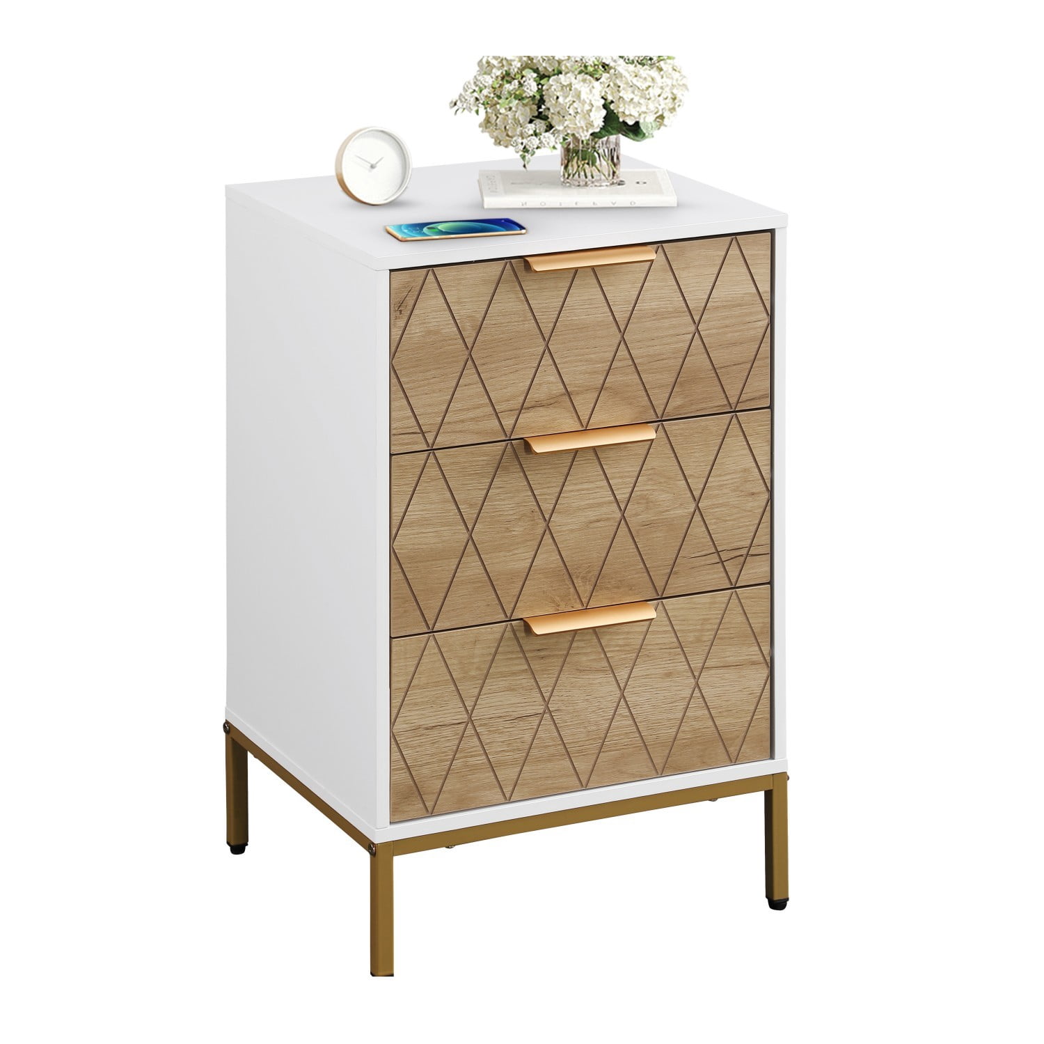 Nightstand with 3 Drawers, Mid Century Modern End Table with Gold Metal Legs & Handles, Wavy Drawer Panel Bedside Table Storage Cabinet for Bedroom Living Room, Natural+White