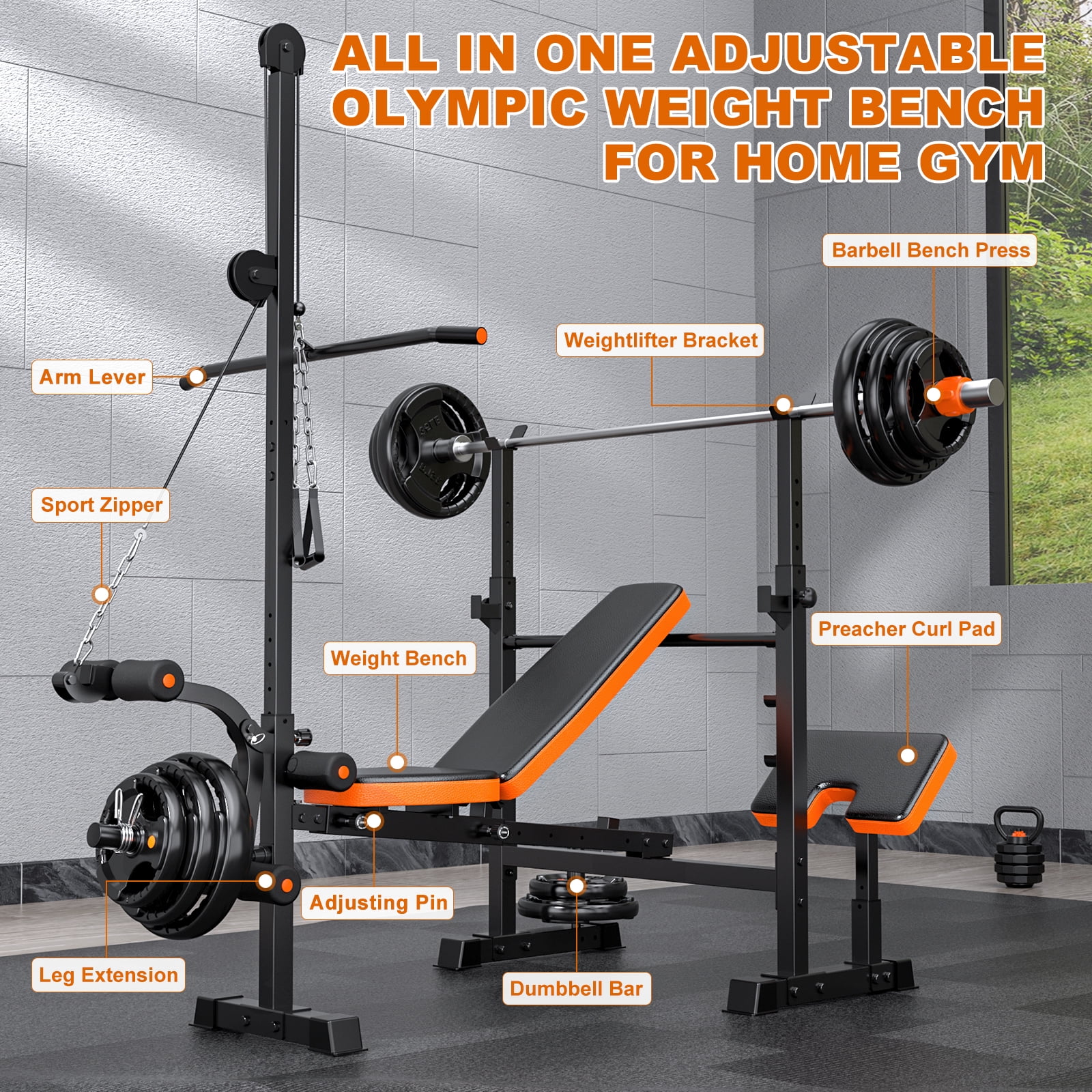 GIKPAL 800lbs 10-in-1 Multi-Function Adjustable Weight Bench Press Set with Lat Pull Down,Full Body Strength Training Workout Bench Exercise Equipment with Leg Developer, Preacher Curl