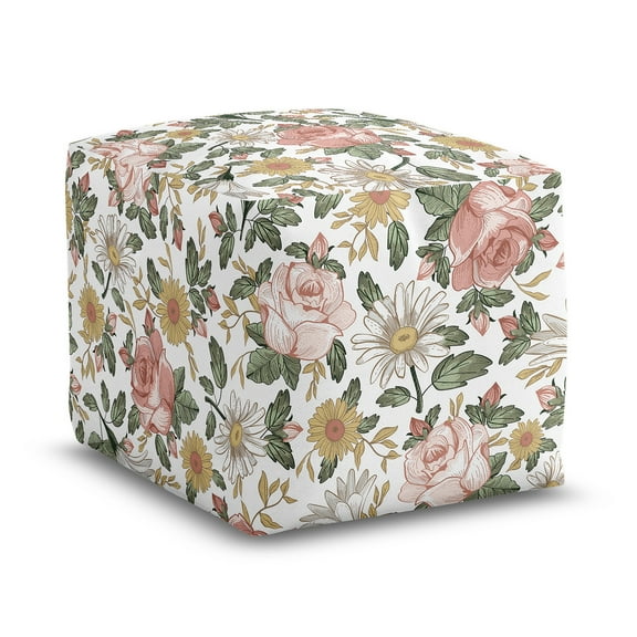 Sweet Jojo Designs Vintage Floral Pink Green and Yellow Unstuffed Ottoman Pouf Cover