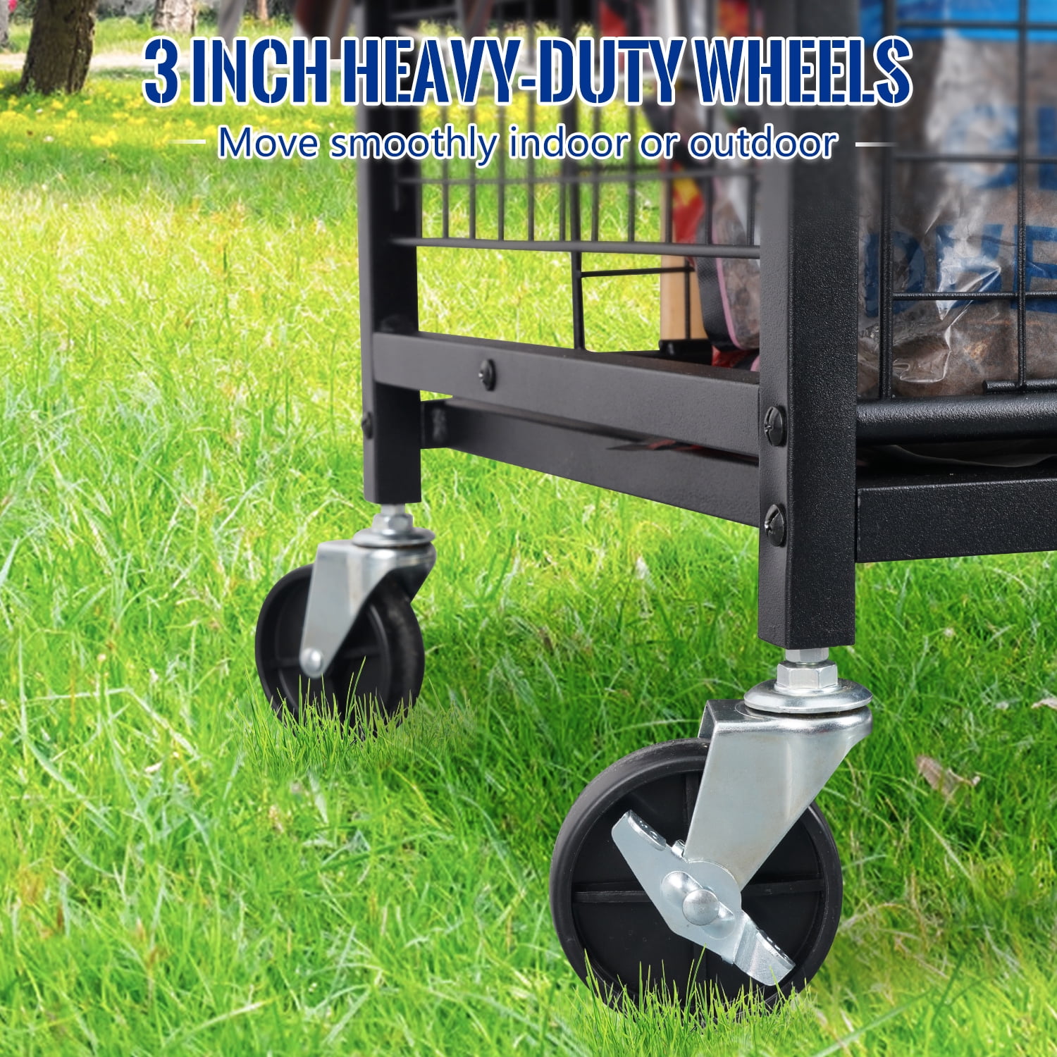 Mythinglogic Gardening Tool Organizer with Wheels, Outdoor Lawn Rack Holder, Alloy Steel, Black