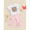 thumbnail image 4 of Elippeo Little Girl Summer Set 6 12 18 24 Months 3 4 Years Letter Floral Print Short Sleeve Tops with Checkerboard Bell-Bottom Pants 2 Pcs Outfit, 4 of 9