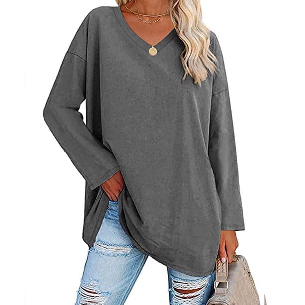 Blusa Informal Para Mujer, Camiseta De Manga Larga Para Mujer, Elegante, De Color Sólido, Cómoda, De Gran Tamaño, Con Cuello En V, Hombros Caídos Para Uso Diario ANGGREK Otros