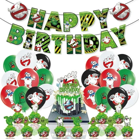 34 Pcs For Ghostbusters Theme Birthday Party Decorations,With 1 Happy Birthday Banner Garland,13 Cupcake Toppers,20 Balloons for Children Party Decorations