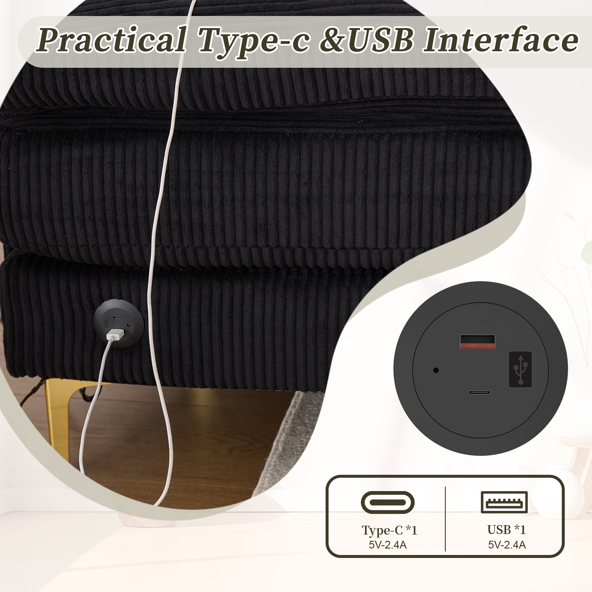 MOONMISS Corduroy Upholstered U-shaped Adjustable Light Modular Sectional Sofa With Type-C and USB ports-Black