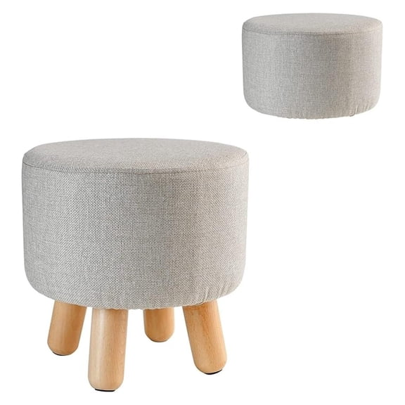 Round Ottoman Foot Rest Stool, 11.18 Inch Padded Fabric Ottoman, Beech Wood Legs, Living Room Bedroom Decor, Guest Seating, Home Office Accent