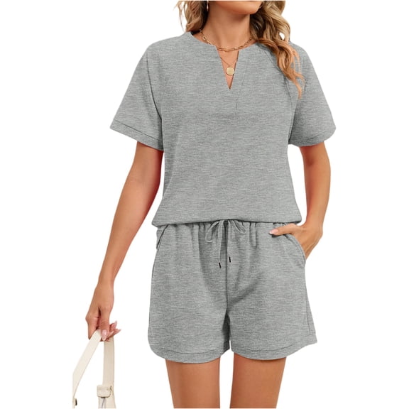 Lumtrix Women'S 2 Piece Short Sets V Neck Short Sleeve T-Shirts And Drawstring Shorts Beach Vacation Casual Outfits With Pockets Gray 2XL