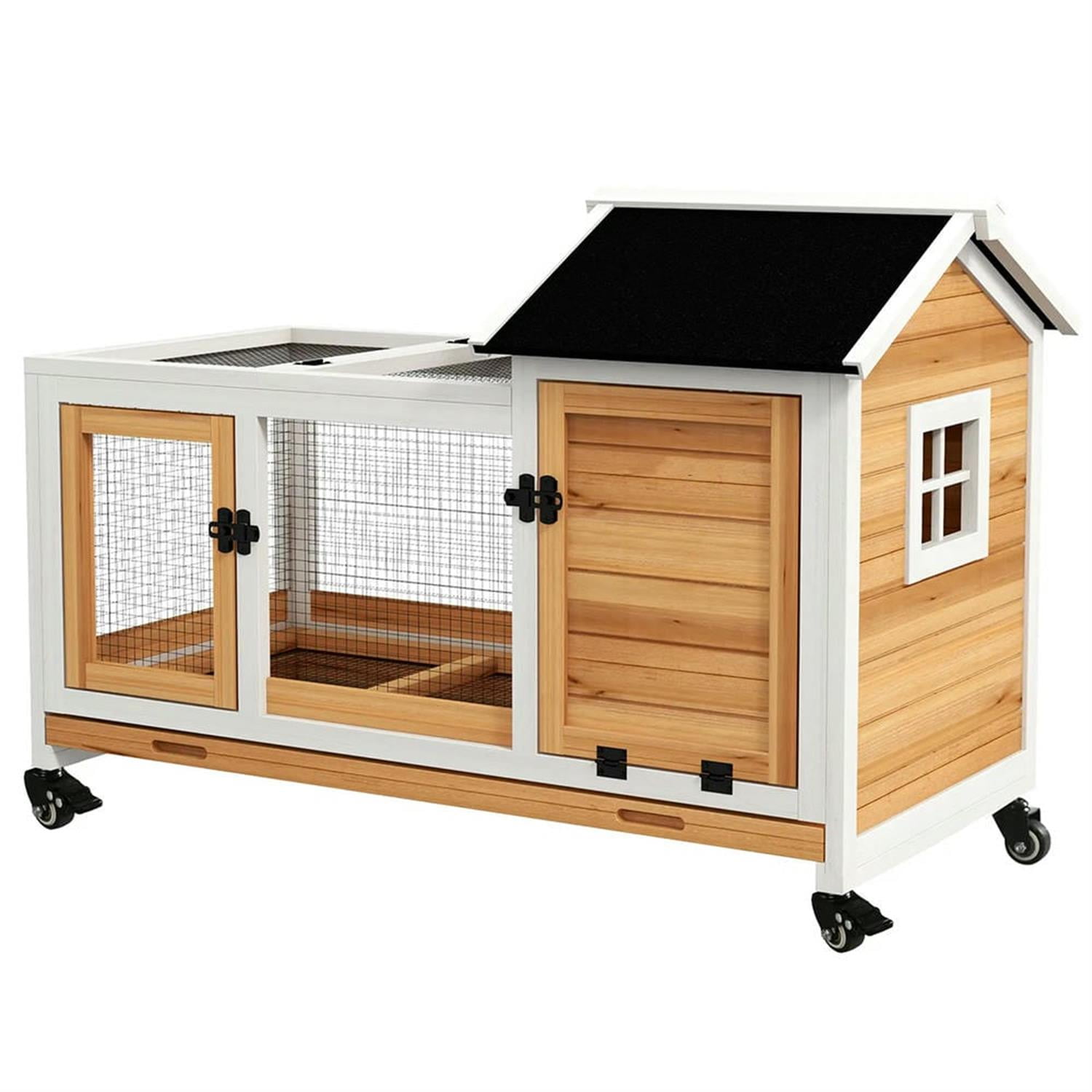 resenkos 42.5" Wooden Rabbit Hutch with Wheels and Slide-out Tray, Outdoor Small Animal Habitat Enclosure Bunny Cage for Bunnies, Guinea Pigs, Yellow