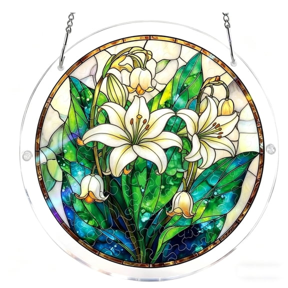 Lypsnake Acrylic Puzzles Sun catchers Window Hanging,White Lily of the Valley Floral Stained Glass Style Light Refracting Ornament,Decorative Pendant for Garden Patio Window Wall Living Room
