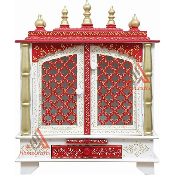 HomeCrafts Wooden Temple/Pooja Mandir for Home (Medium 18x12x24 INCH (WxDxH), White-RED)