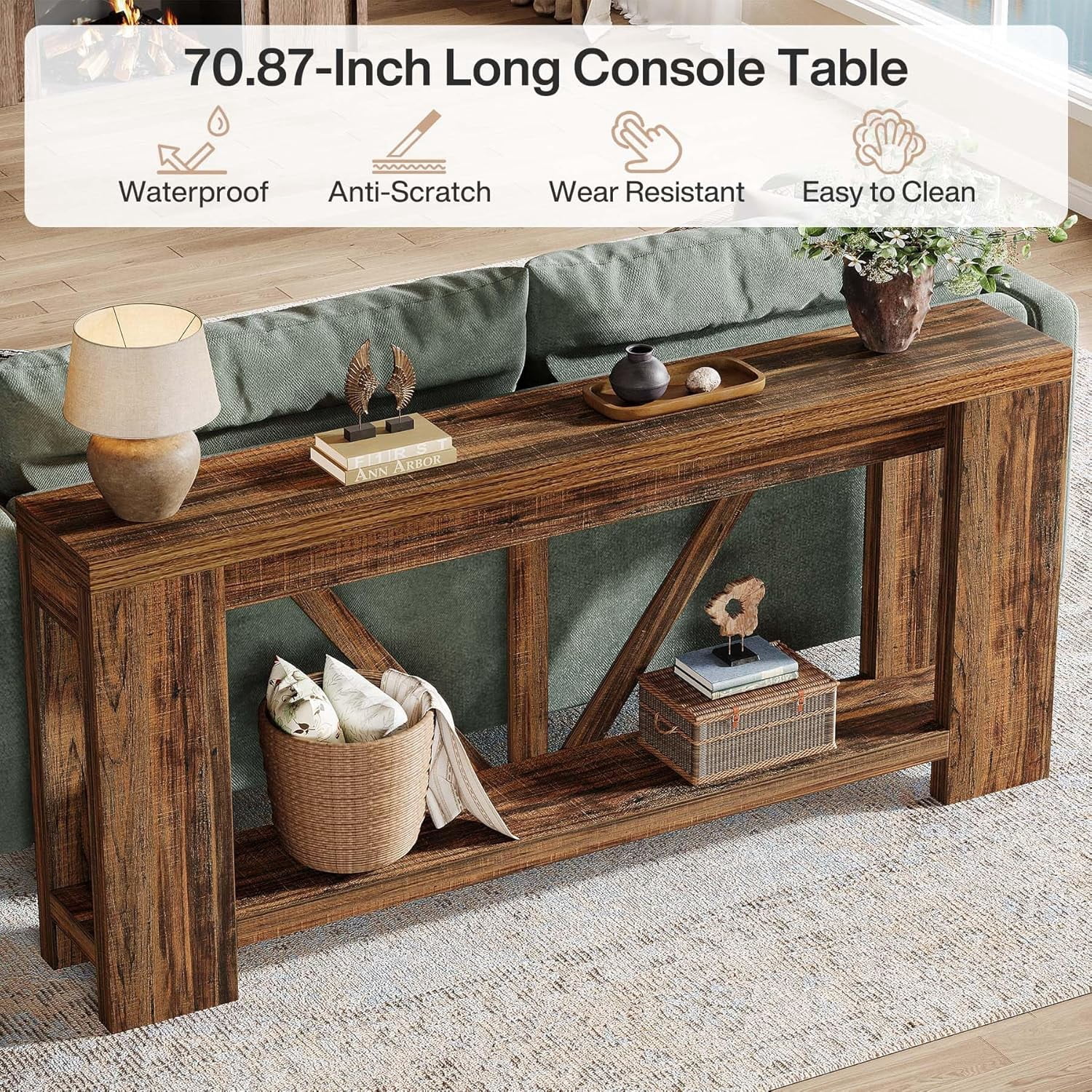 Finmind 70.9-Inch Extra Long Console Table with Storage for Entryway, Hallway, Foyer, Living Room, Brown