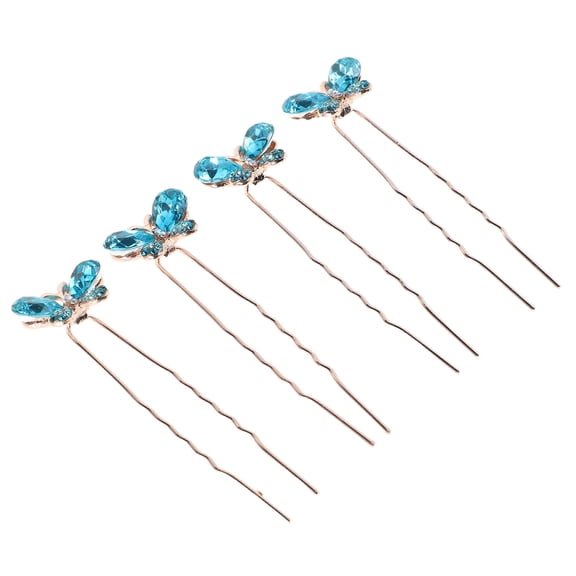 LULULION U-Shape Rhinestone Butterfly Hair Pin Blue Alloy 4Pcs