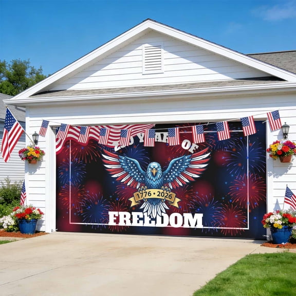 American Flag 250 Year Anniversary Garage Door Cover Banner 7 x 8 FT,Eagle Blue Red Fireworks Garage Door Curtains Backdrop with Grommets for Indoor Outdoor Wall Party Porch Yard Decor Background