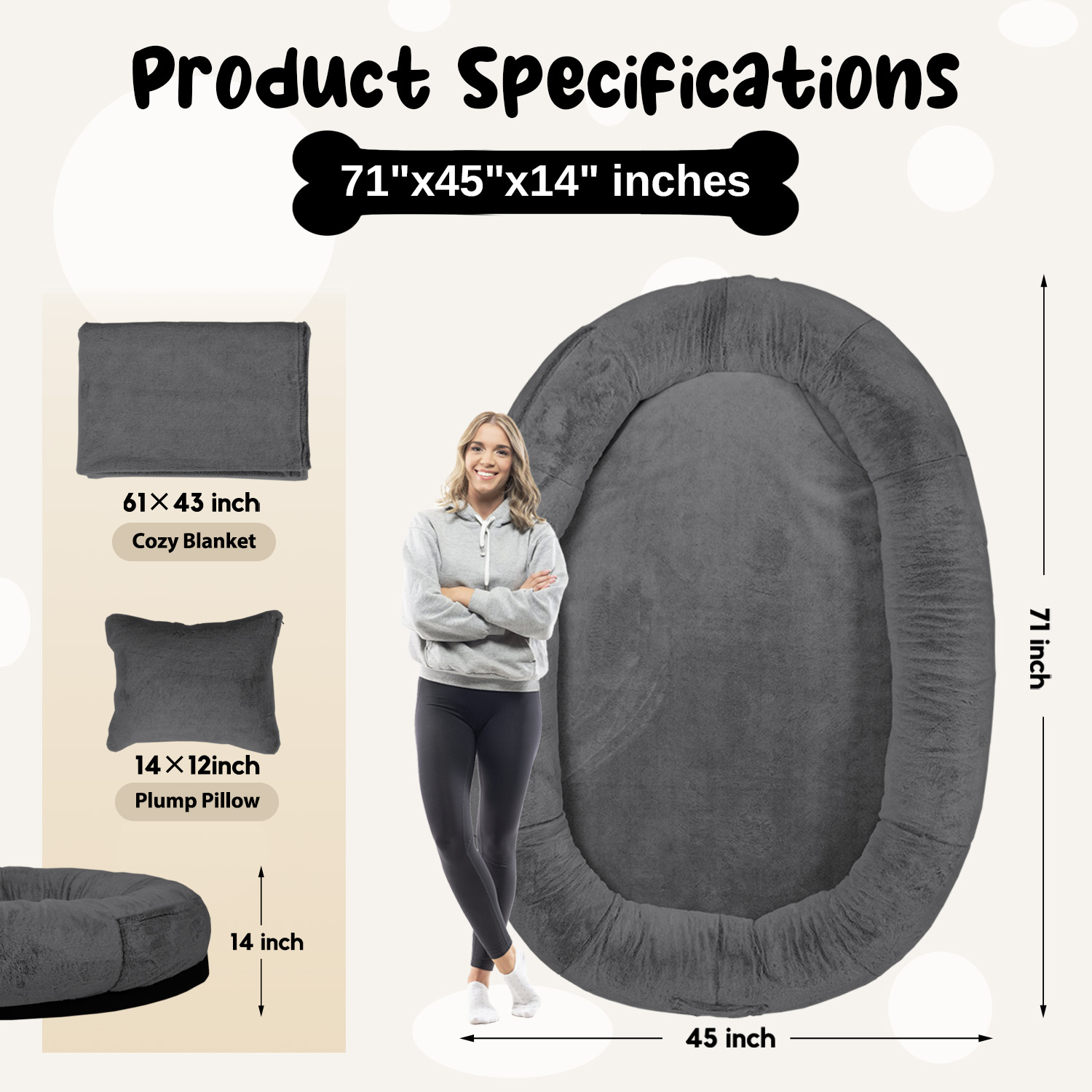 Human Dog Bed for Pets and Adults, 71"x45"x14" Human Size Giant Dog Pets Bed, Washable Faux Fur Cover for Humans with Blanket and Pillow,Dark Grey