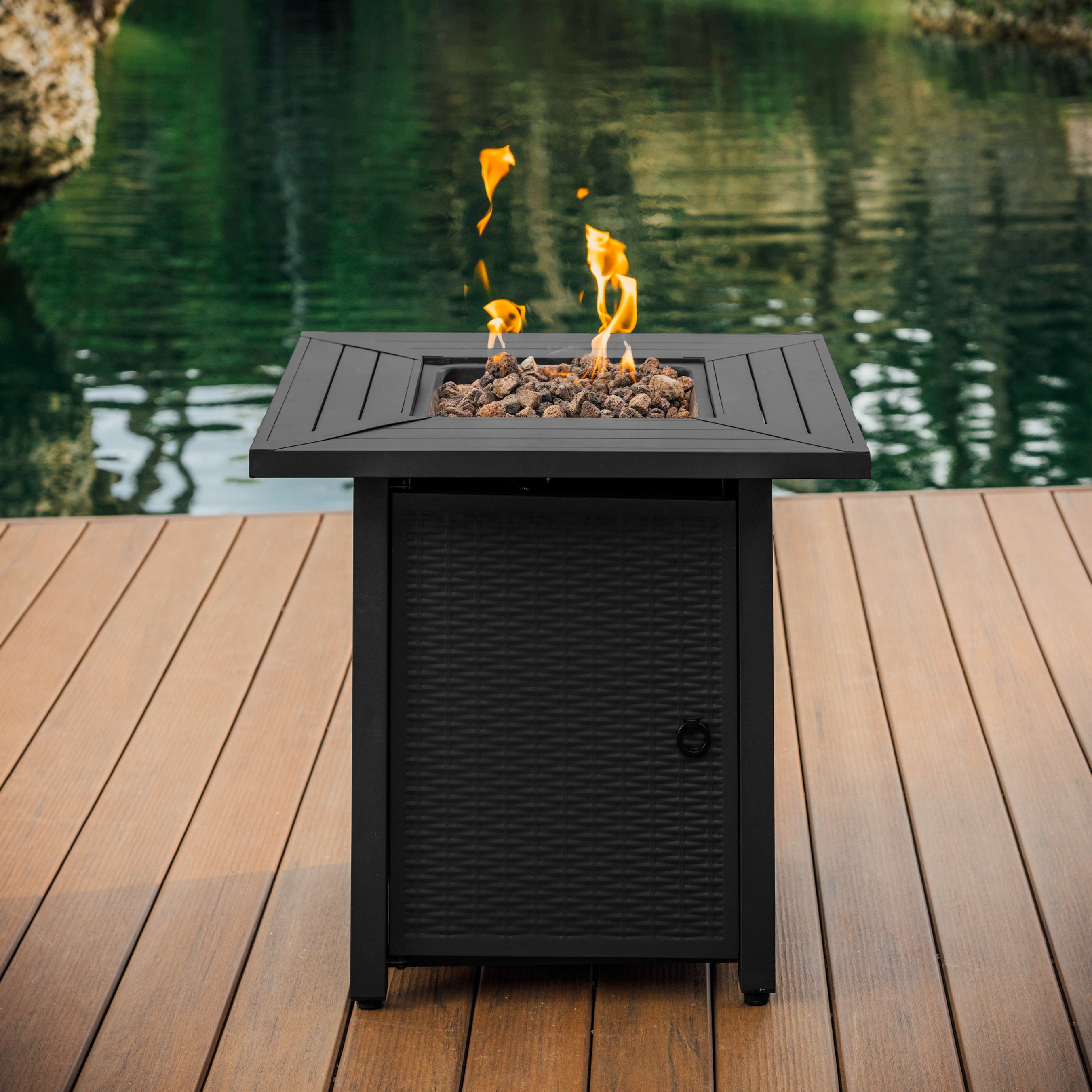 Phoneix 28” Propane Fire Pit Table for Outside with Lava Rocks, Weatherproof Protective Cover and Electronic Ignition, Black