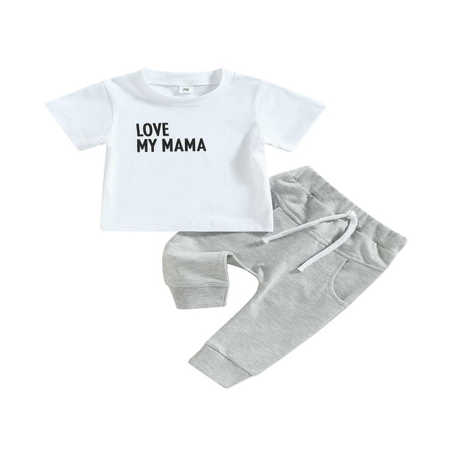 Mothers Day Baby Boy Outfit LOVE MY MAMA Print Short Sleeve T-Shirt Top Solid Drawstring Pants 2Pcs Summer Clothes