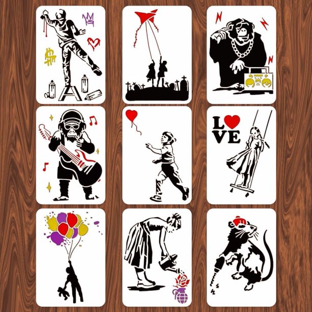 Juego de 9 plantillas para pintar con temática de Banksy, reutilizables, con diseño de Banksy Street Draffiti, para pintar sobre pared, azulejos, lienzo, muebles, papel, 11,6 x 8,2 pulgadas