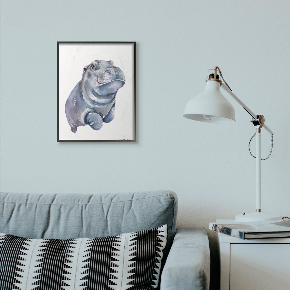 Stupell Industries Baby Hippo Animal Watercolor Painting Framed Giclee Texturized Art by George Dyachenko