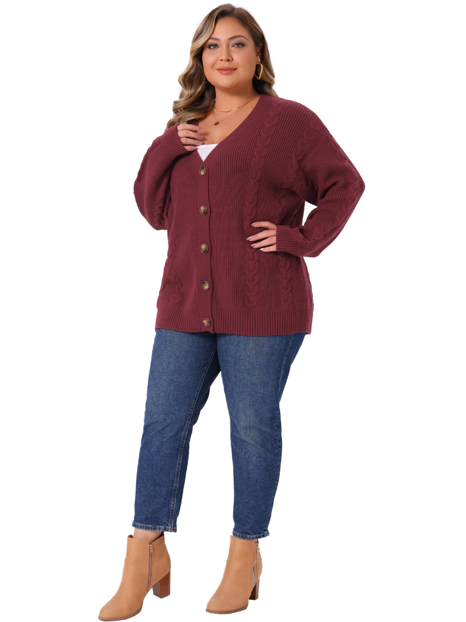 DARING DIVA Women's Plus V Neck Button Down Sweater Oversized Jacket 4X Burgundy