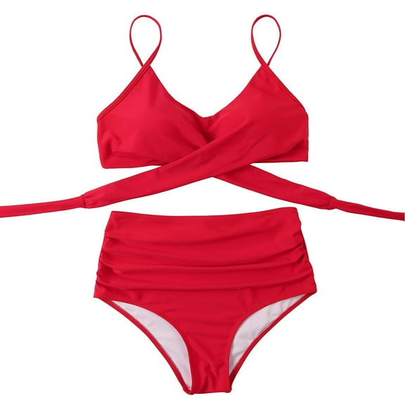 Hinvhai Plus size Swimsuits clearance Women Solid Printed Bikini Push-Up Pad Swimwear Set Swimsuit Beachwear Red M(M)