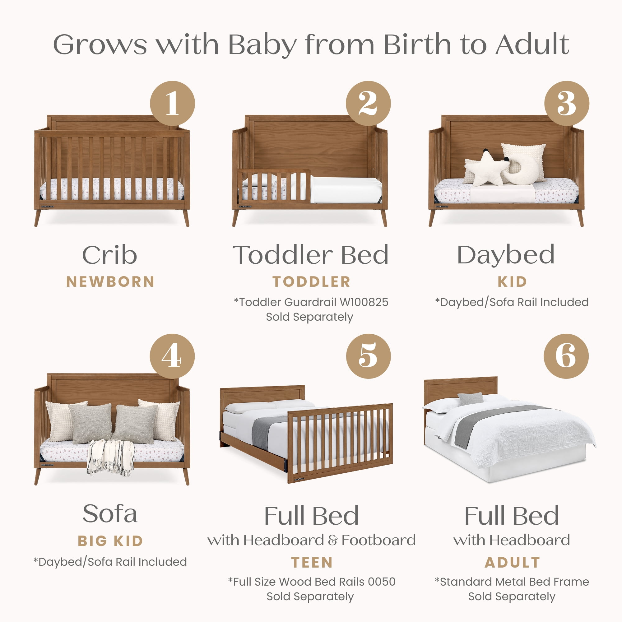 Delta Children Lola 6-in-1 Convertible Crib - Converts from Baby Crib to Toddler Bed, Daybed, Sofa Bed and Full-Size Bed With and Without Footboard, Fits Standard Full-Size Crib Mattress, Chestnut
