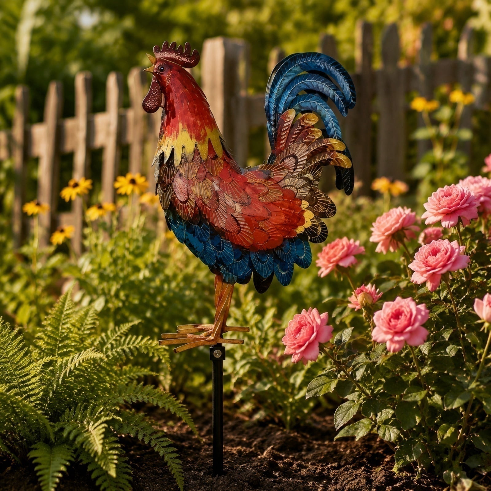 Metal Rooster Garden Statue Outdoor Decor, Yard Art Chicken Decoration for Home Patio Lawn Backyard, Rustic Farmhouse Kitchen Accent