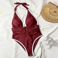 thumbnail image 7 of UTSJKR Women One Piece Swimsuit High End Stripe Deep V Neck Swimwear Ruffle Tummy Control Bathing Suit Monokini Wine M, 7 of 7
