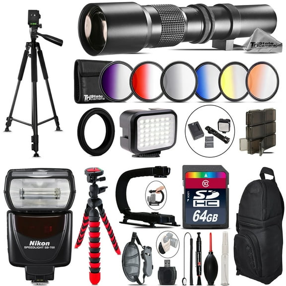 500mm Telephoto Lens for Nikon D3300 D3400   SB-700 Speedlight   LED - 64GB Kit (International Version)