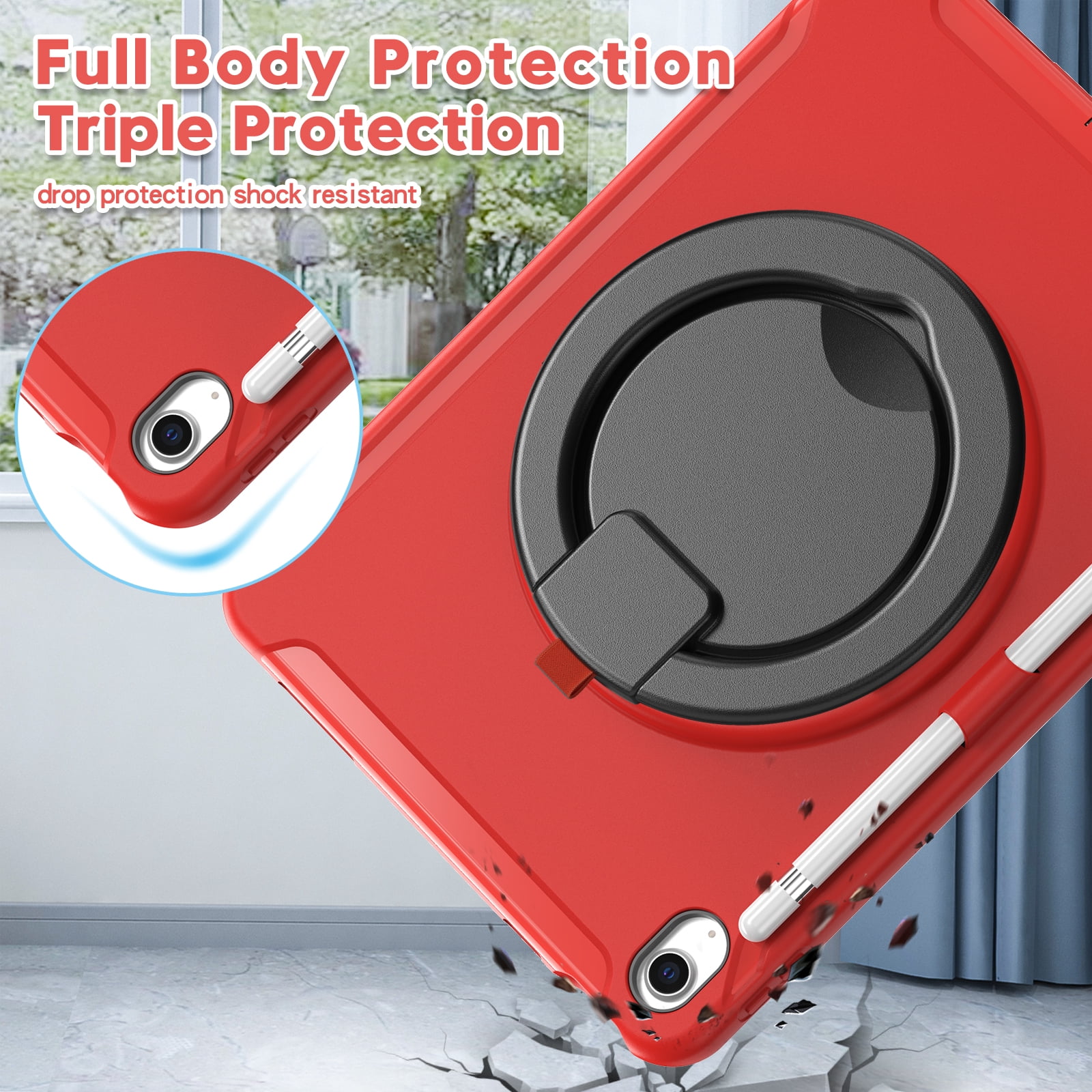 TECH CIRCLE for Apple iPad 10th Generation Case 10.9 inch 2022,360 Rotation Stand Heavy Duty Shockproof Rugged Soft Silicone Protective Case with Pencil Holder for Kids Girls Women,Red