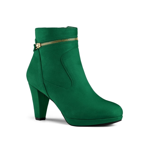 Unique Bargains Bottines à Talon à Bout Rond à Enfiler avec Fermeture Éclair pour Femme Vert (Taille 9,5)