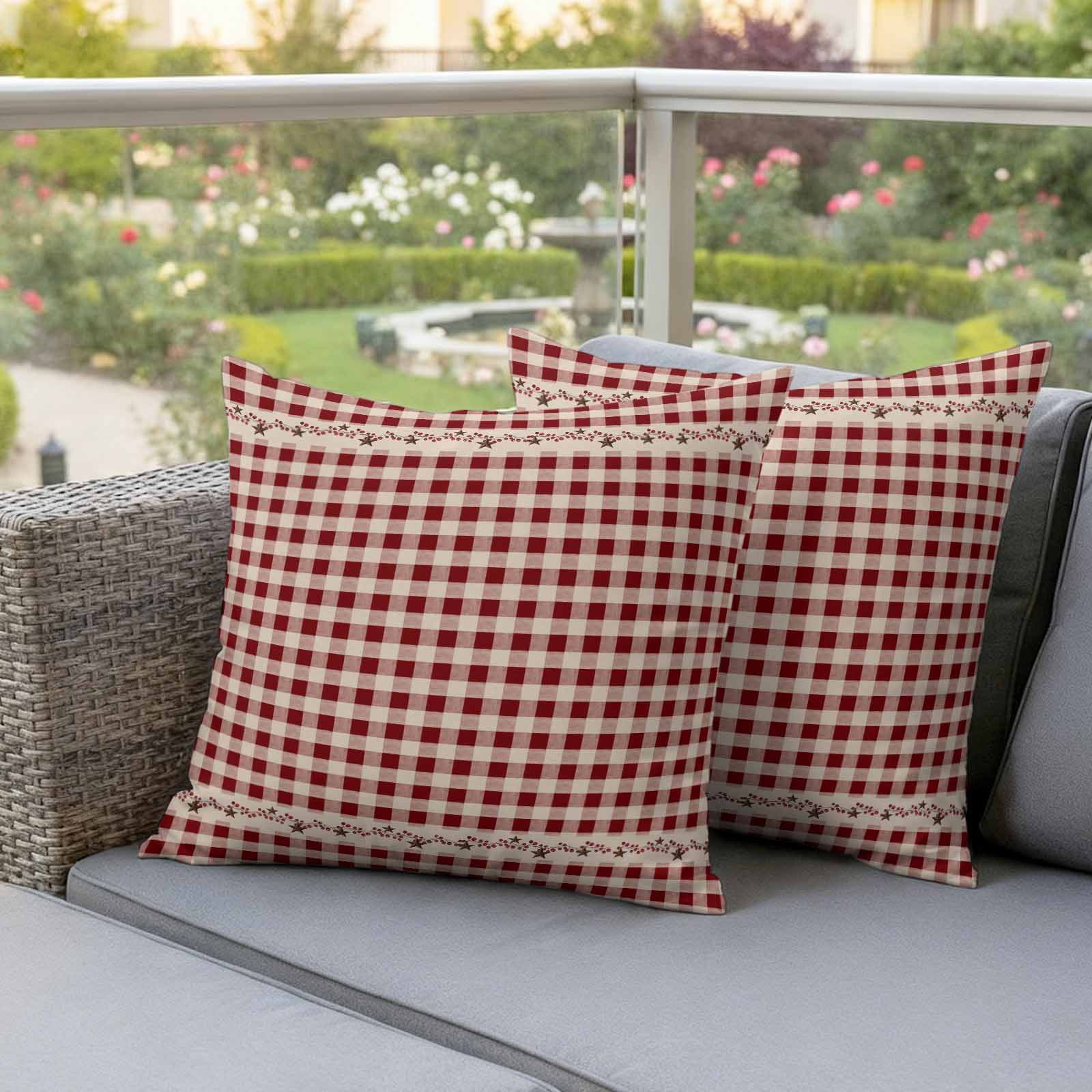 Country Star Plaid Outdoor Waterproof Pillow Covers, Retro Red American Farm Barn Berry Decorative Square Throw Pillowcase Sofa Cushion Sham for Patio/Couch/Chair, 18"x18" 2 Pack