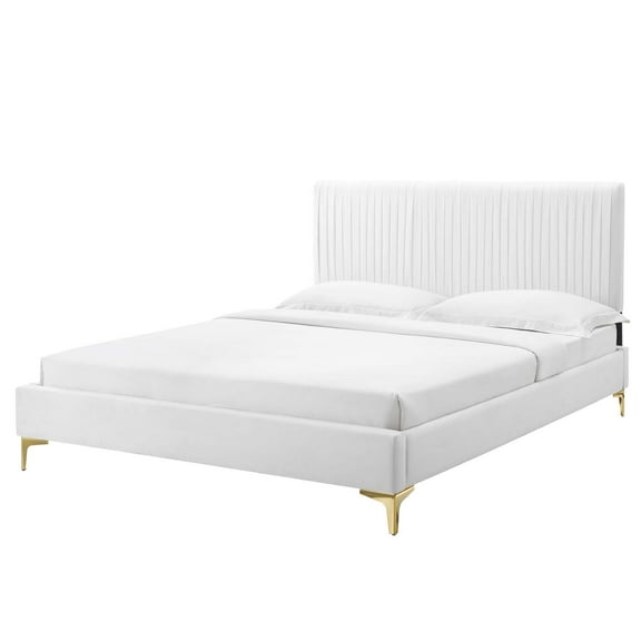 Platform Bed Frame, Full Size, Velvet, White, Modern Contemporary Urban Design, Bedroom Master Guest Suite
