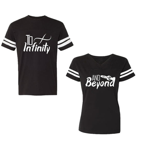 To Infinity & Beyond Unisex Couple Matching Cotton Jersey style T-Shirt Contrasting stripes on sleeves (Men Black / Women Black) (Men S / Women S)