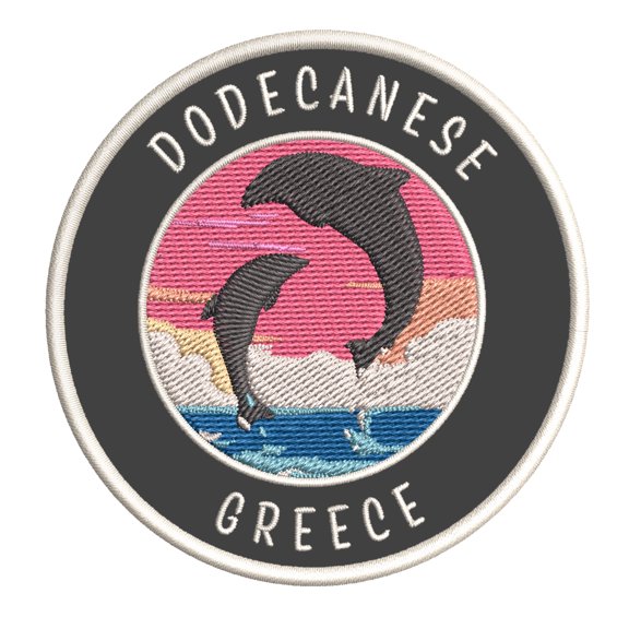 Dodecanese, Greece Dolphin Sunset 3.5 Inch Iron Or Sew On Embroidered Fabric Badge Patch Ocean Beach, Salt Life Iconic Series