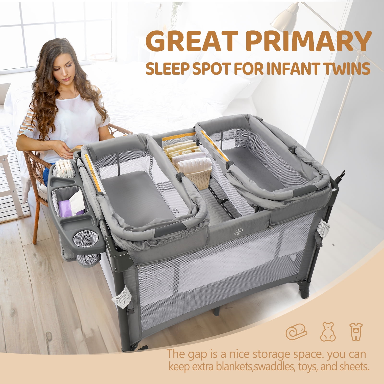 JOYMOR Twin Bassinet for Baby with Storage, Convertible to Crib Playpen, Unisex Infant Side Sleeper