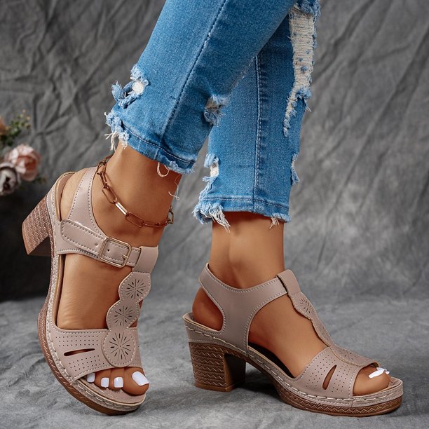 MKLEKYY Sandalias Antiderrapantes para Mujer, Cómodas Sandalias de Verano Con Punta Abierta y Tacón Con Hebilla, Estilo Informal para Uso Diario