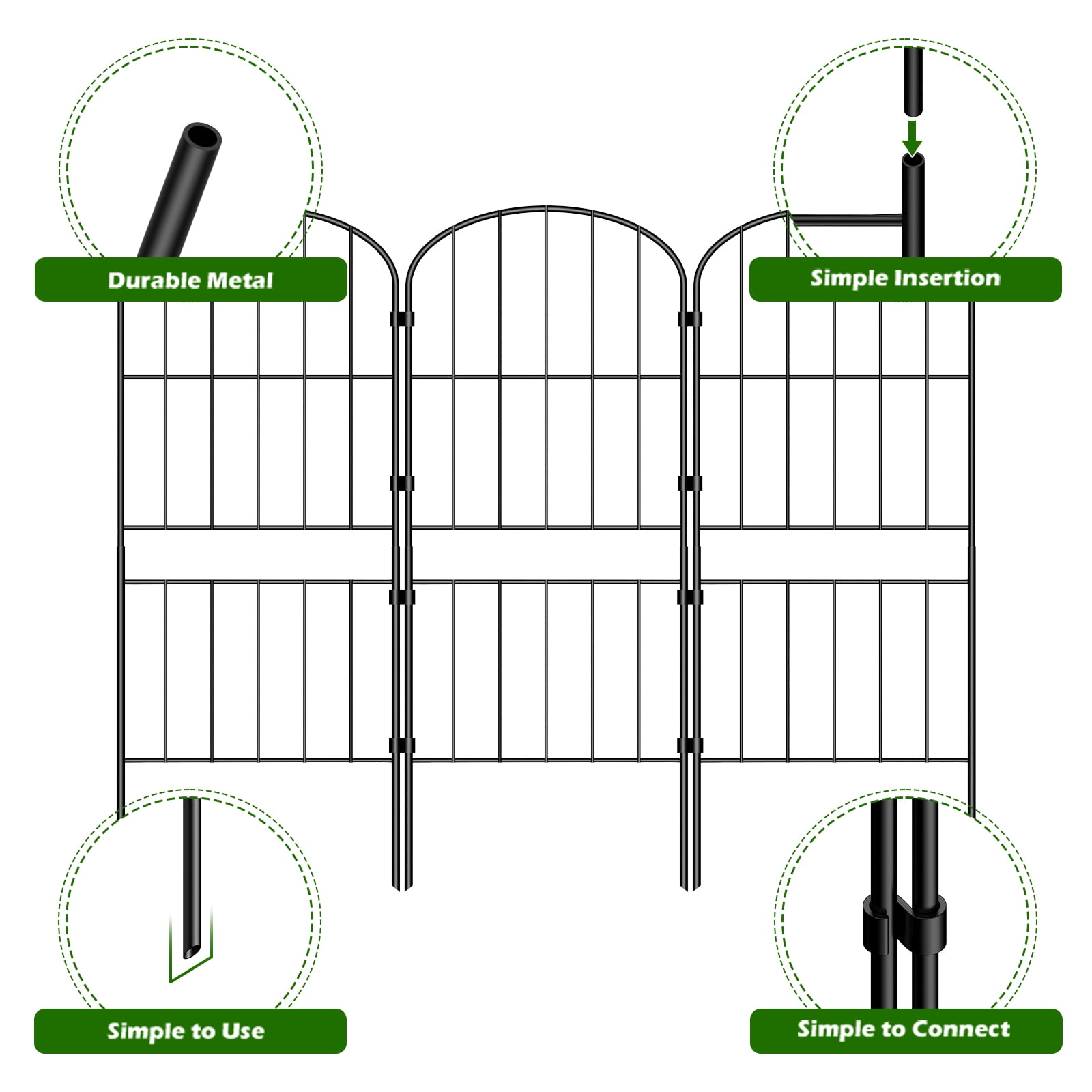 31" Tall Decorative Garden Fence 10‑Pack, Double‑Layer Black Metal Arched Fencing, 10FT Total Length for Pet Barrier, Patio, Lawn Edging