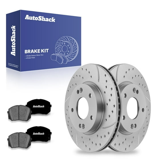 AutoShack 11.02" (280 mm) Front Vented Drilled & Slotted Brake Rotors Coated   Premium Ceramic Brake Pads | Replacement for 2020 Hyundai Kona | Silver Zinc Coated | 6-PC Brake Kit | SilverShield Pro