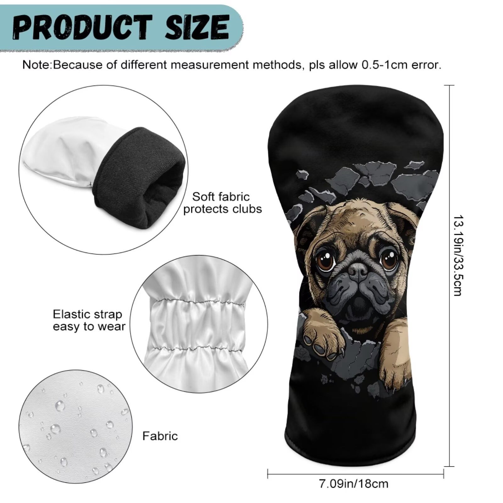 Uorisanigo Cute Pug Golf Club Headcover for Driver, Woods and Hybrid , 3 PCS Set, Premium PU Leather Golf Club Covers for Extra Clubs Protection, Accessories for Men Women