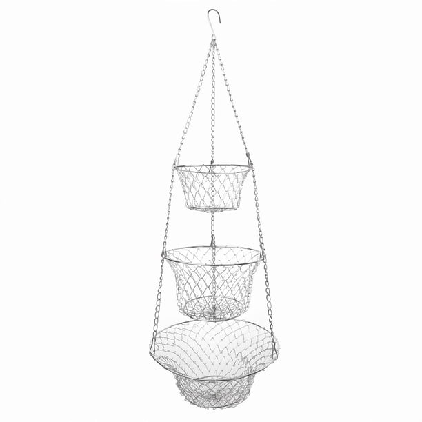 Cesta organizadora de frutas de alambre de tres niveles, práctica y resistente, de metal. Plata